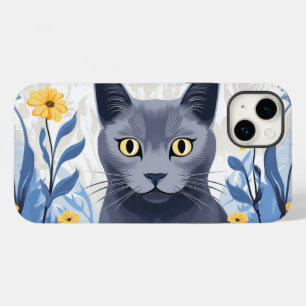 Coque Case-Mate iPhone Chat Bleu Russe Fleurs Jaunes