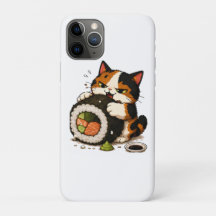 Chat calico grincheux amateur de sushi