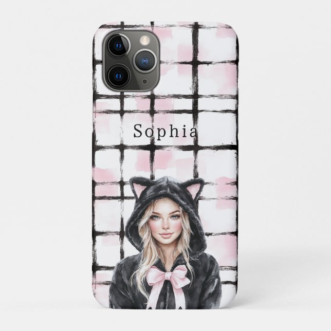 Coques Case-Mate iPhone Chat Chien Blond Rayures Carreaux Noir Rose Blanc (Dos)