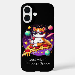 Coque Pour iPhone 16 Chat cool sur une pizza dans l'espace