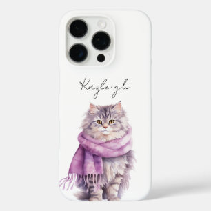 Coque iPhone 16 Pro Chat Cosy Écharpe violette hiver