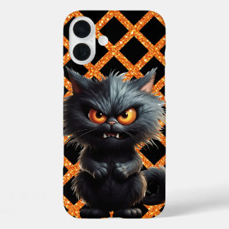 COQUE POUR iPhone 16 PLUS CHAT EN COLÈRE NOIRE FLUFFÉ HALLOWEEN