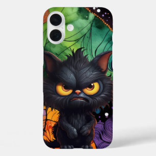 COQUE POUR iPhone 16 PLUS CHAT EN COLÈRE NOIRE FLUFFÉ HALLOWEEN