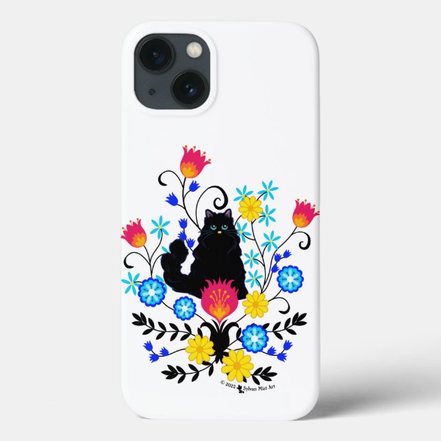 Coques Case-Mate iPhone Chat Fluffy Noir avec Fleurs (Verso)