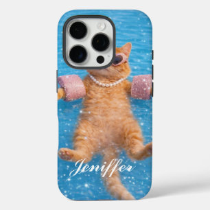 Coque iPhone 16 Pro Chat glamour au bord de la piscine flottant dans l