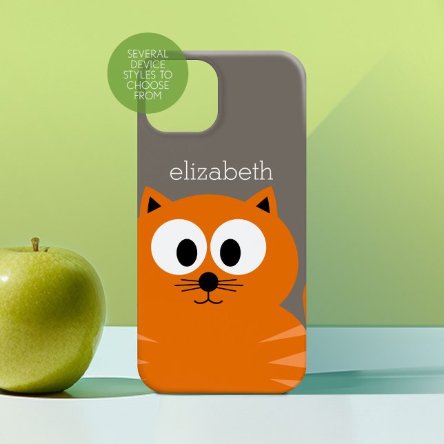Coques Case-Mate iPhone Chat gras mignet orange avec Taupe et nom (Personalized Phone Case with Custom Text - Choose a Device Style)