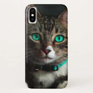 Case-Mate iPhone Case Chat gris et blanc avec yeux bleus et collier corr