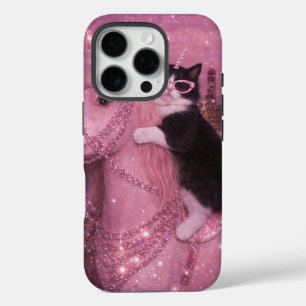 Coque iPhone 16 Pro Chat Licorne Glamour sous une Ville Étincelante