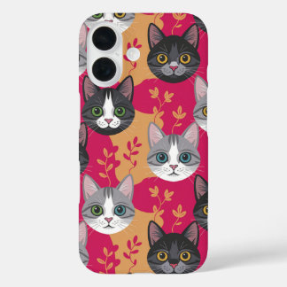 Coque Pour iPhone 16 Chat Magenta & Feuille Botanique