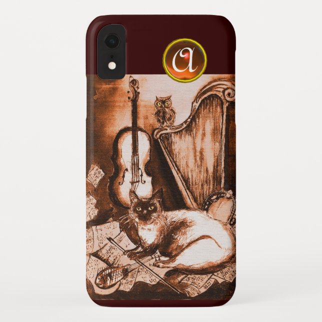 COQUES Case-Mate iPhone CHAT MUSICAL AVEC HIBOU EN SÉPIA BRUN MONOGRAMME G (Dos)