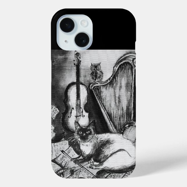 Coques Case-Mate iPhone CHAT MUSICAL, OWL, VIOLIN, HARP Black White Grey M (Verso)