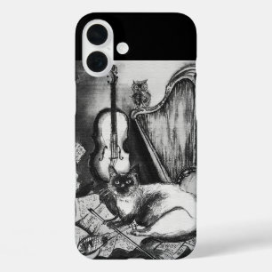 Coque Pour iPhone 16 Plus CHAT MUSICAL, OWL, VIOLIN, HARP Black White Grey M