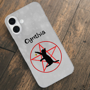 Coque Pour iPhone 16 Plus Chat noir assis étoile dorée sur pentagramme rouge