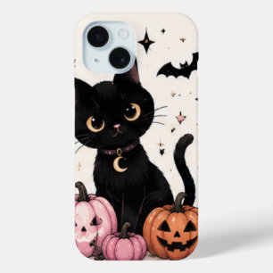 Coque Case-Mate iPhone Chat noir au collier Lune Citrouille Rose