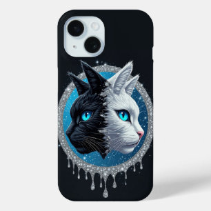 Coque Case-Mate iPhone Chat noir blanc visage divisé ✨ Yeux bleus saisiss