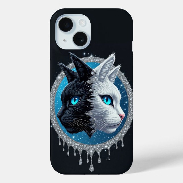 Coques Case-Mate iPhone Chat noir blanc visage divisé ✨ Yeux bleus saisiss (Verso)