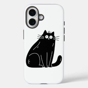 Coque Pour iPhone 16 Chat Noir Choqué Aux Grands Yeux Écarquillés