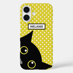 Coque Pour iPhone 16 Chat noir curieux à pois jaunes Personnalisé