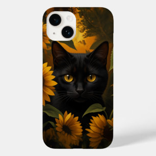 Coque Case-Mate iPhone Chat noir dans le jardin de tournesols esthétique