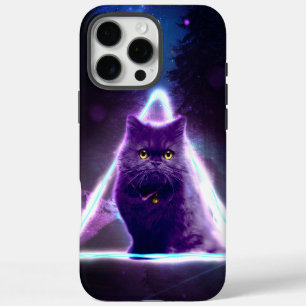 Coque iPhone 16 Pro Max Chat noir dans le triangle hipster néon bleu