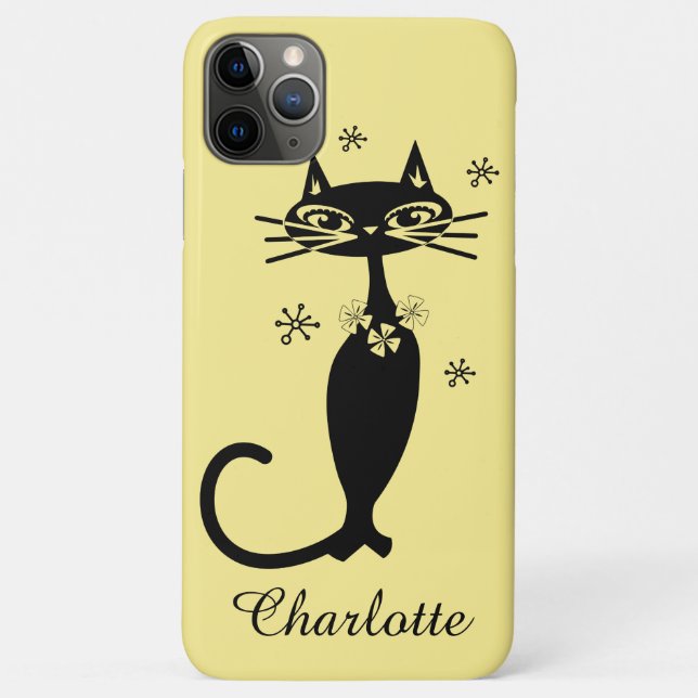 Coques Case-Mate iPhone Chat noir de milieu de siècle et fond doré (Dos)