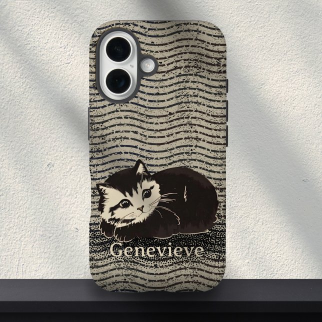 Coques Case-Mate iPhone Chat noir et blanc mignon grunge Nom personnalisé  (Créateur téléchargé)