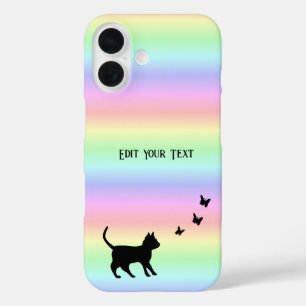 Coque Pour iPhone 16 Chat noir et papillon sur arc-en-ciel