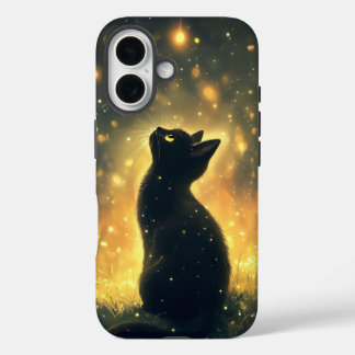 Coque Pour iPhone 16 Chat Noir Mystique Sous Un Ciel Nocturne Étincelan