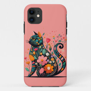 Case-Mate iPhone Case Chat noir silhouette faite de fleurs colorées