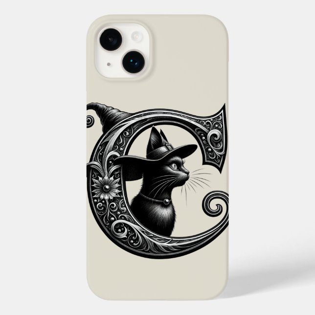 Coques Case-Mate iPhone Chat Noir Sorcière Lettre C Initiale Personnalisée (Verso)
