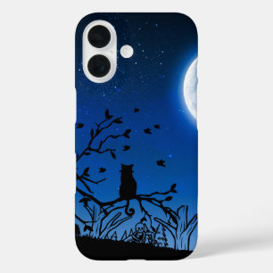 Coque Pour iPhone 16 Chat noir sous la lumière de la lune sur la silhou