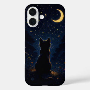 Coque Pour iPhone 16 Chat noir sous la lune croissante - Ciel nocturne 