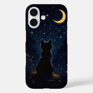 Coque Pour iPhone 16 Chat noir sous la lune croissante - Ciel nocturne