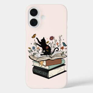 Coque Pour iPhone 16 Chat noir sur le livre Chat drôle