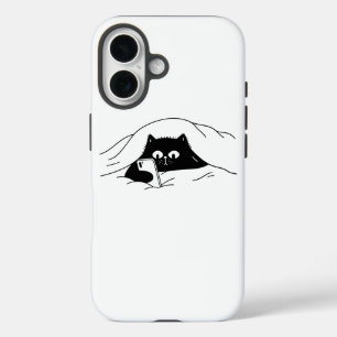Coque Pour iPhone 16 Chat noir utilisant un smartphone au lit la nuit
