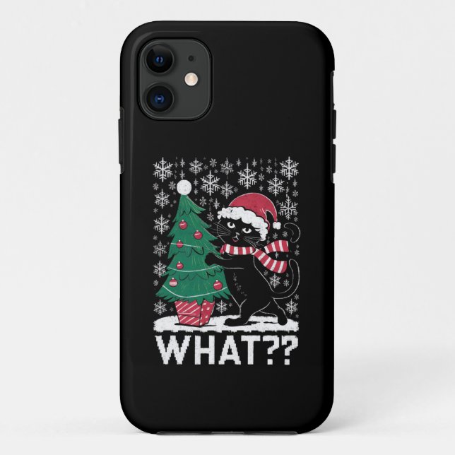 Coques Case-Mate iPhone Chat quoi drôle chat noir poussant arbre de Noël  (Dos)
