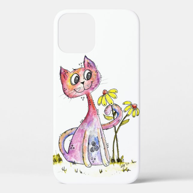 Coques Case-Mate iPhone Chat rose blanc mignon avec Fleurs Jaunes (Verso)