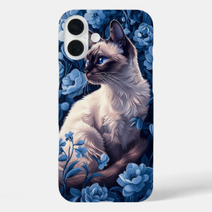 Coque Pour iPhone 16 Plus Chat siamois en Fleurs Bleues