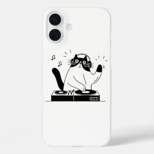 Coque Pour iPhone 16 Plus Chat Smoking DJ Jouant de la Musique Électronique