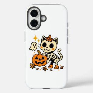 Coque Pour iPhone 16 Chat squelette mignon avec citrouille