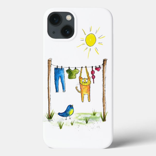 Coques Case-Mate iPhone Chat Whimsical sur une ligne de linge (Verso)