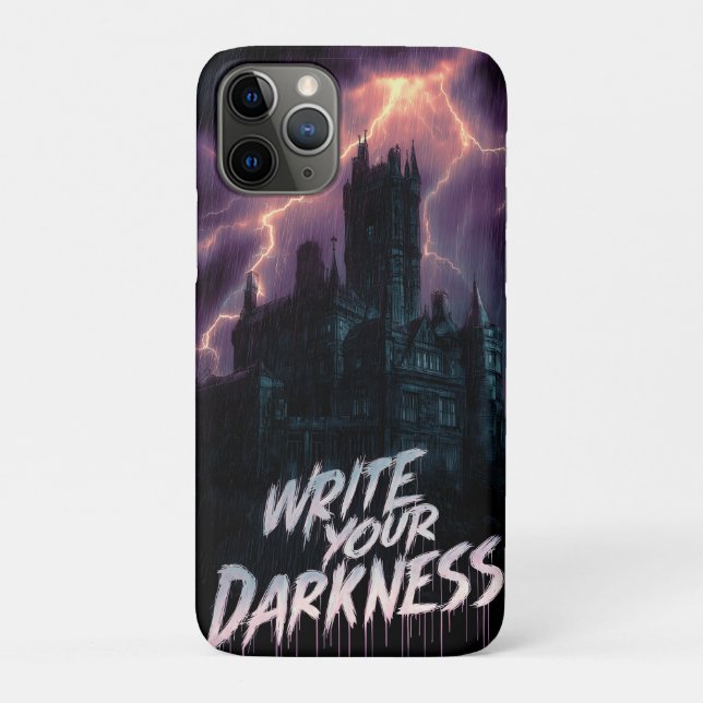 Coques Case-Mate iPhone Château gothique hanté sous orage avec texte (Dos)