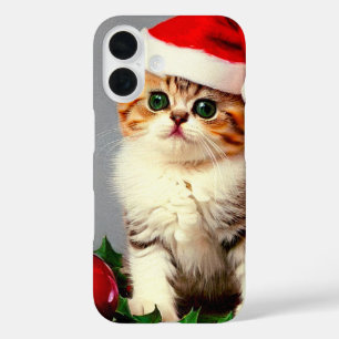 Coque Pour iPhone 16 Chaton de Noël Vintage à Santa Hat