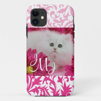 Coque iPhone 11 Chatons, chats, rose, fleurs, monogramme