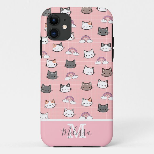 Coques Case-Mate iPhone Chats mignons et Monogramme arc-en-ciel (Dos)