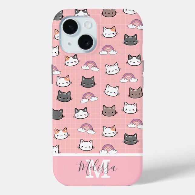 Coques Case-Mate iPhone Chats mignons et Monogramme arc-en-ciel (Verso)