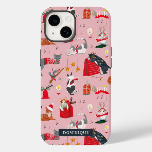 Coque Case-Mate iPhone Chats mignons rétro rose de Noël