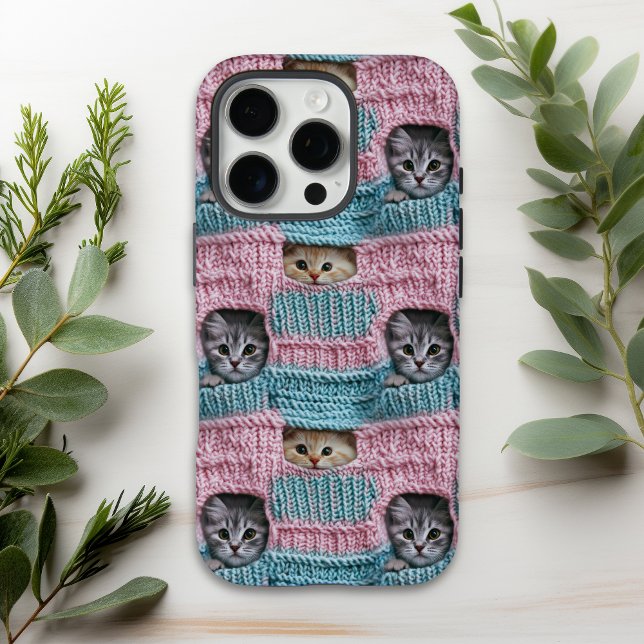 Coques Case-Mate iPhone Chats Mignons Rose Bleu Tricot Féminin (Créateur téléchargé)