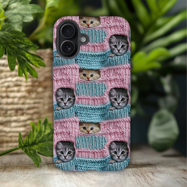 Coques Case-Mate iPhone Chats Mignons Tricot Rose Bleu Féminin (Créateur téléchargé)