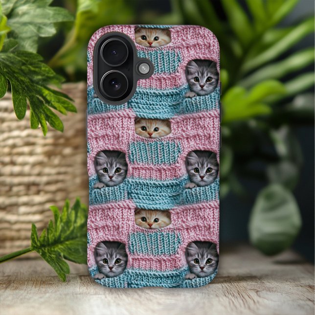 Coques Case-Mate iPhone Chats Mignons Tricot Rose Bleu Féminin (Créateur téléchargé)